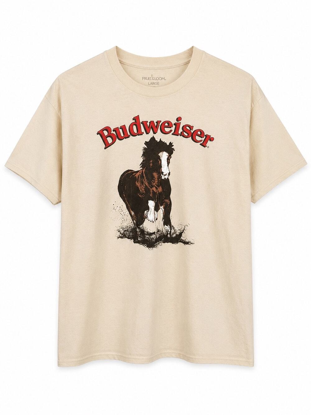 Budweiser Men’s Large Horse Graphic T-Shirt Cream Beer Logo Western Tee
